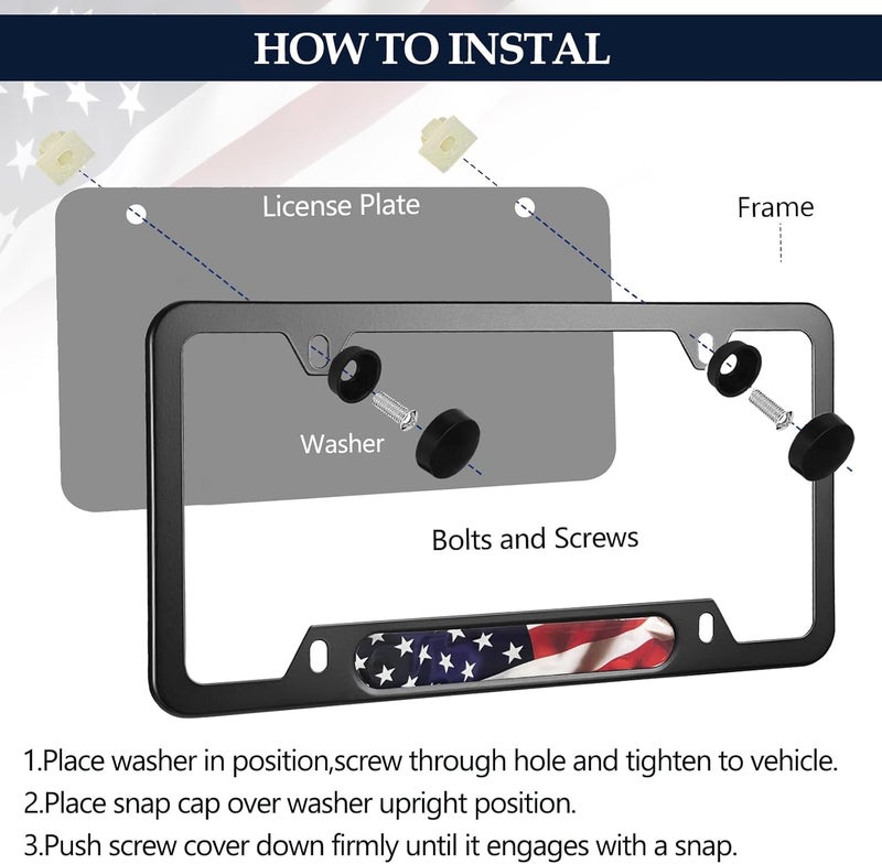 LIN KANG American Flag License Plate Frames - 2 Pack Patriotic Aluminum Metal Flying US Flag Car Tag Plate Frame Holder Covers with 4 Fluttering Flag Car Valve Caps and Screws - Image 3